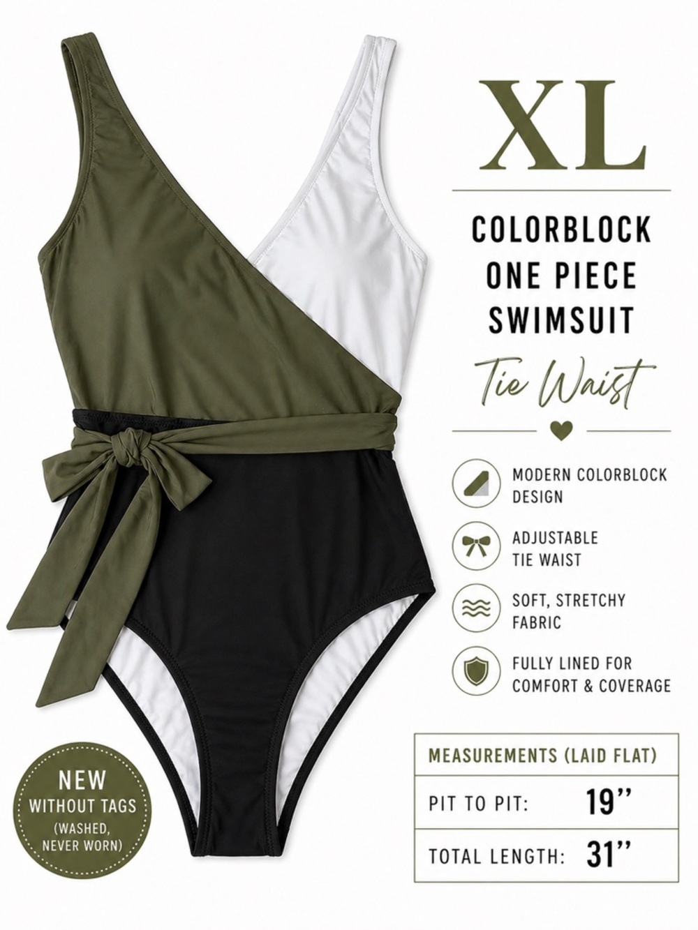 Cupshe XL Olive, White & Black Colorblock One-Piece Swimsuit with Tie Waist